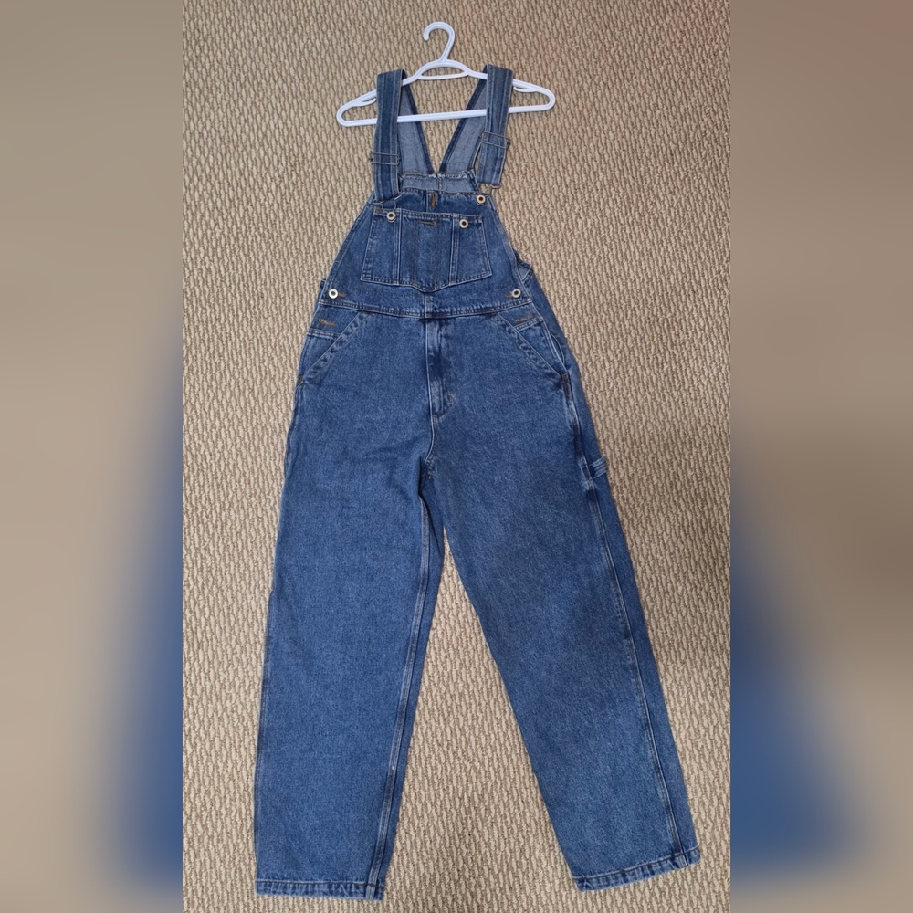 Blue Denim Overalls with Adjustable Straps and Straight Leg